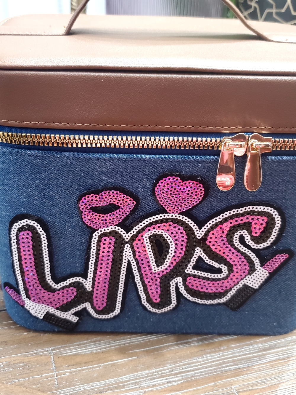 Women’s Denim Vanity Bag with Pink Sequin 'Lips' Accent
